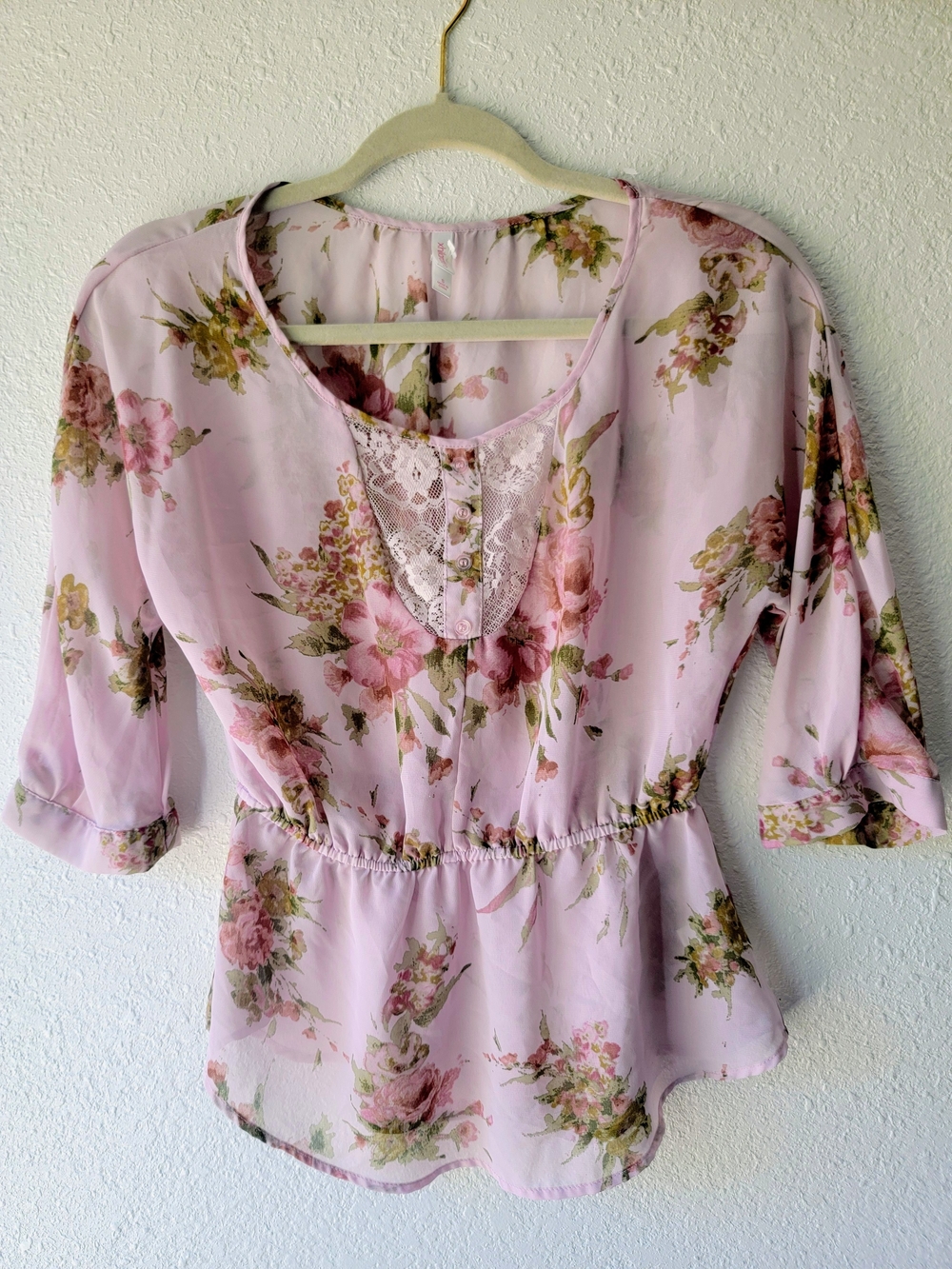 Xhilaration Light Pink Floral Lace-Trim Blouse